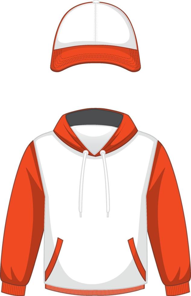 Frente de la sudadera con capucha básica blanca y naranja y gorra aislada vector