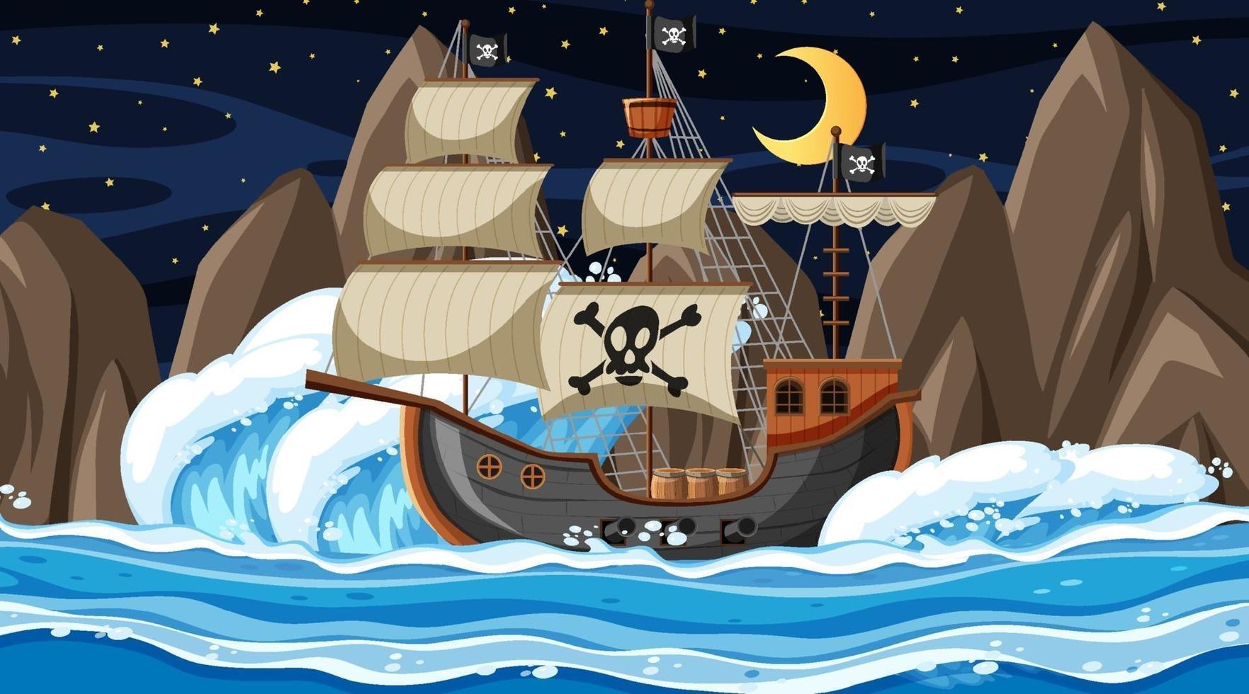 océano con barco pirata en la escena nocturna en estilo de dibujos animados vector