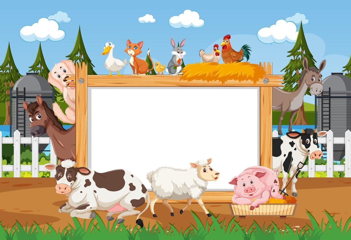 Empty wooden frame with various wild animals in the farm vector