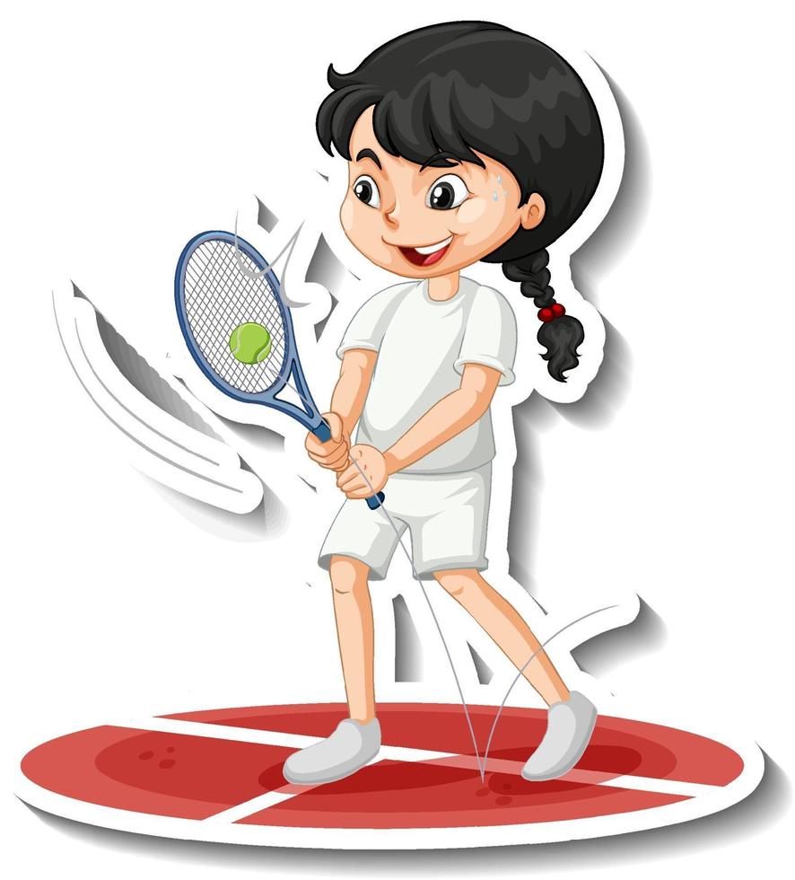 Cartoon character sticker with a girl playing tennis vector