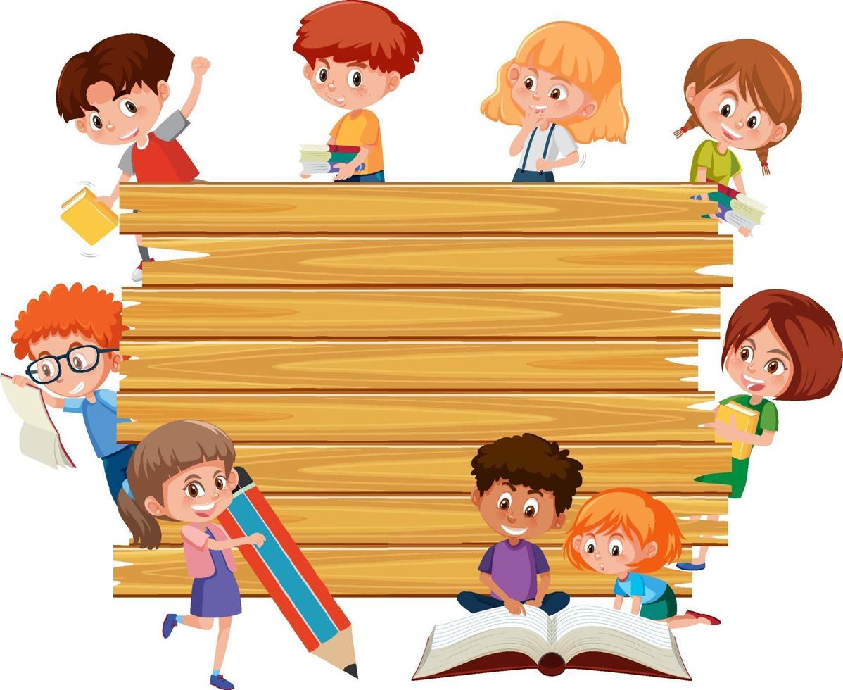 Empty wooden board with school kids cartoon vector