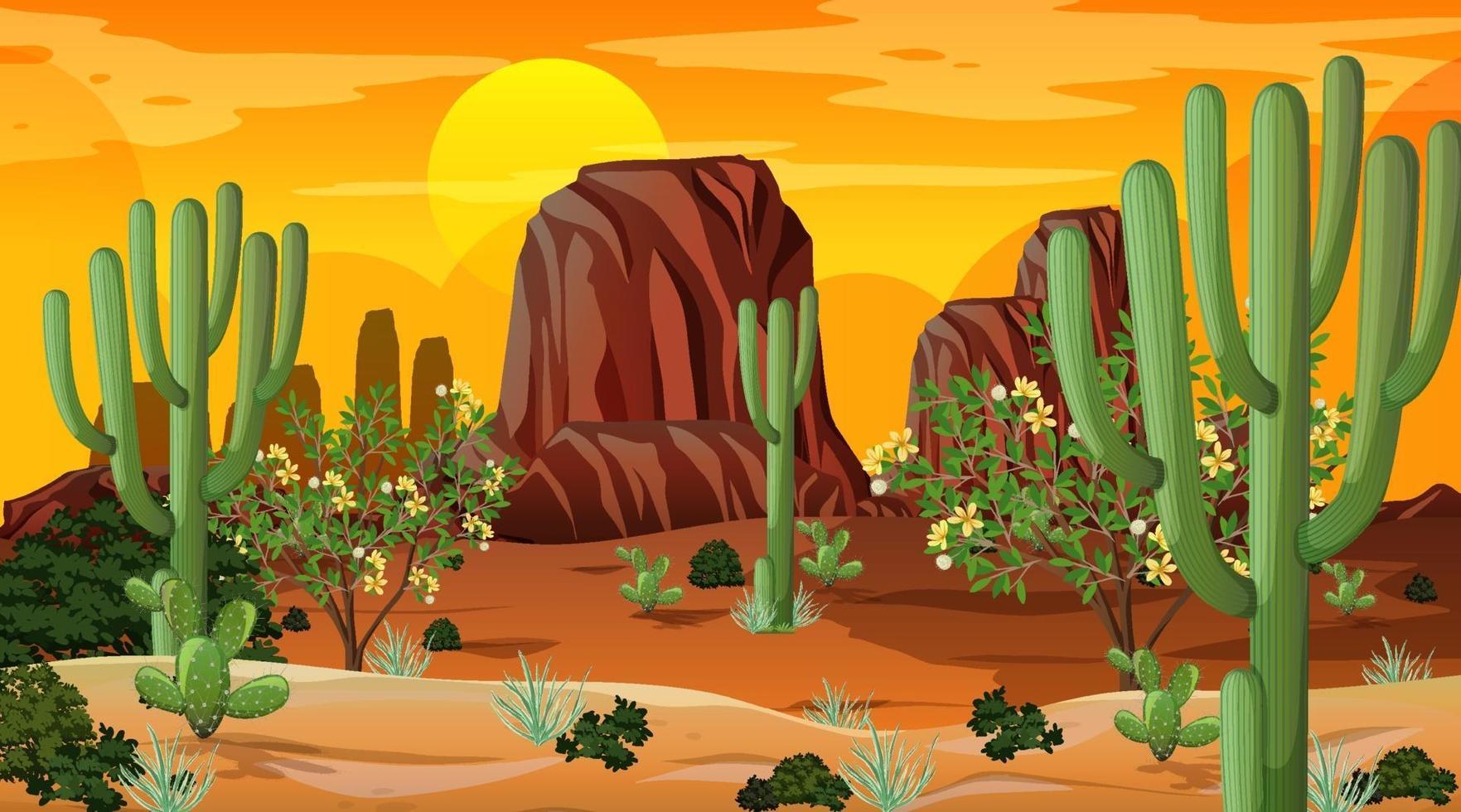 paisaje de bosque desértico en la escena del atardecer con muchos cactus vector