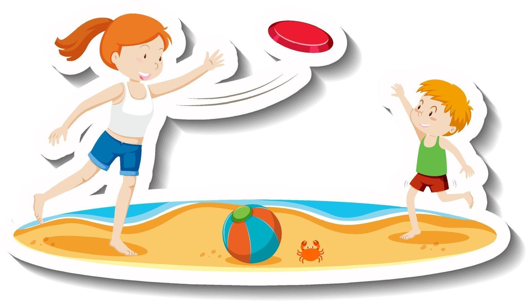 niños jugando frisbee en la playa vector