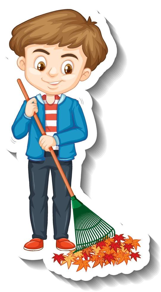 A boy holding broom cartoon character sticker vector