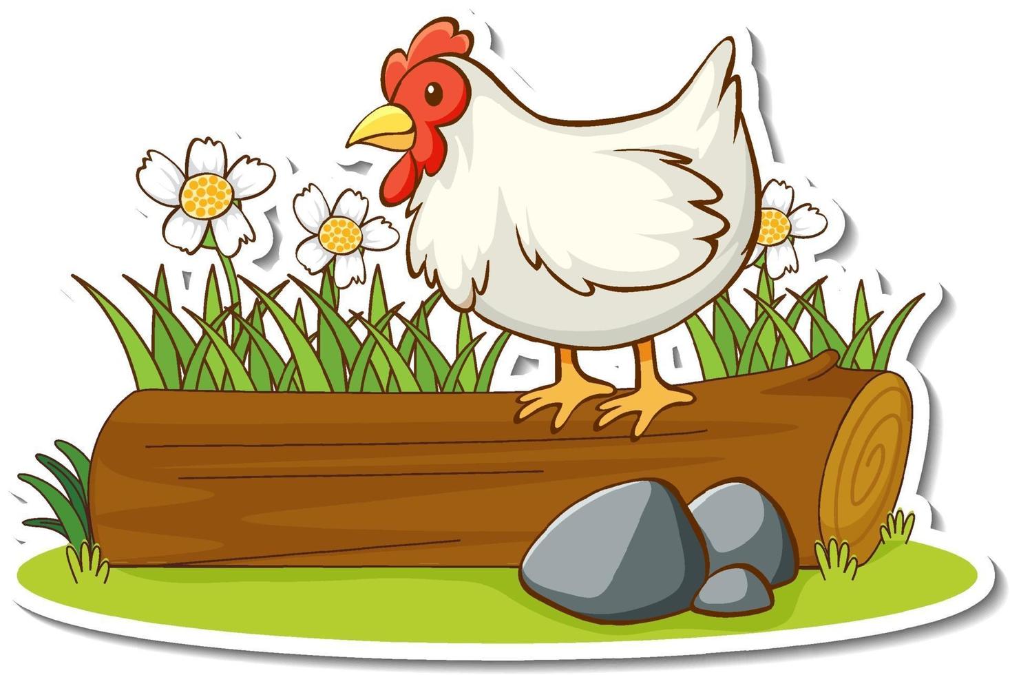 Chicken standing on log with nature element sticker vector