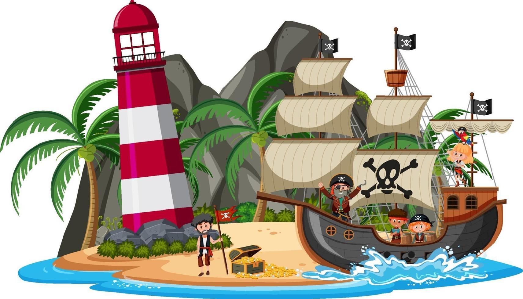 Barco pirata en la isla con muchos niños aislado sobre fondo blanco. vector