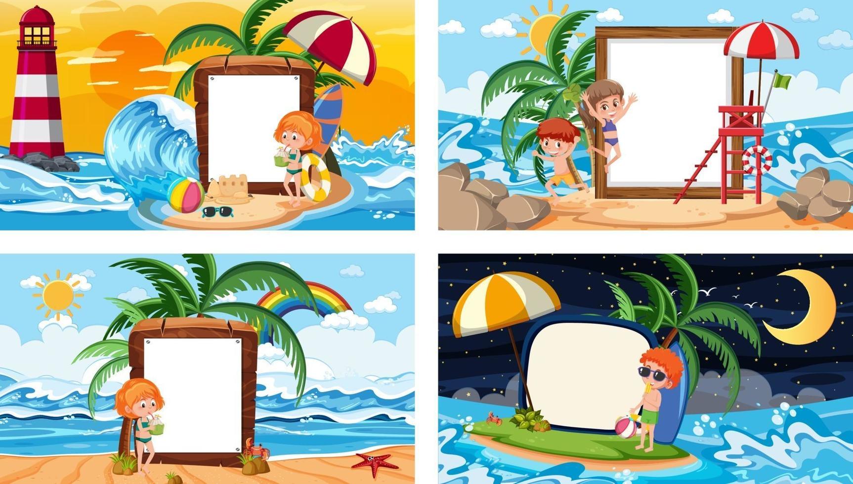 conjunto de diferentes escenas de playa tropical con banner en blanco vector