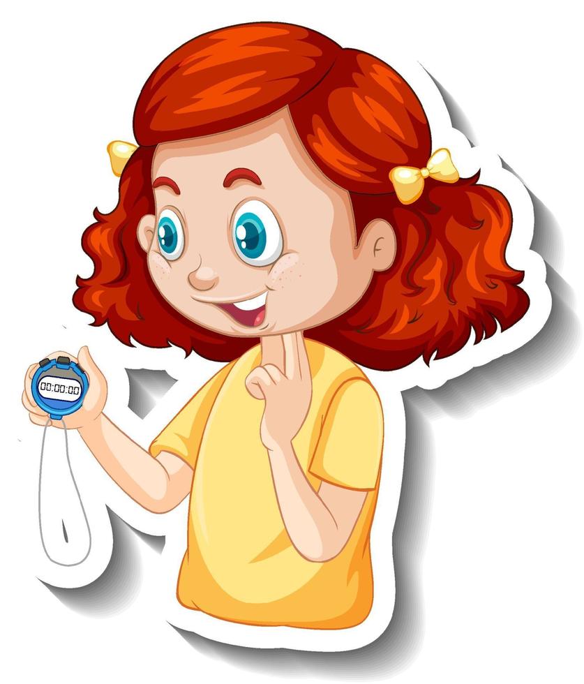 Cartoon character sticker with sport coach girl holding a timer vector