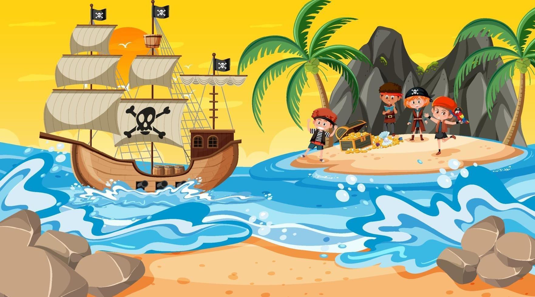 escena de la isla del tesoro al atardecer con niños piratas vector