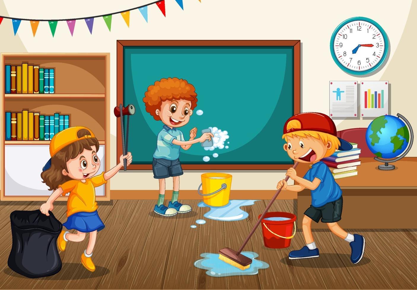 Scene with students cleaning classroom together vector