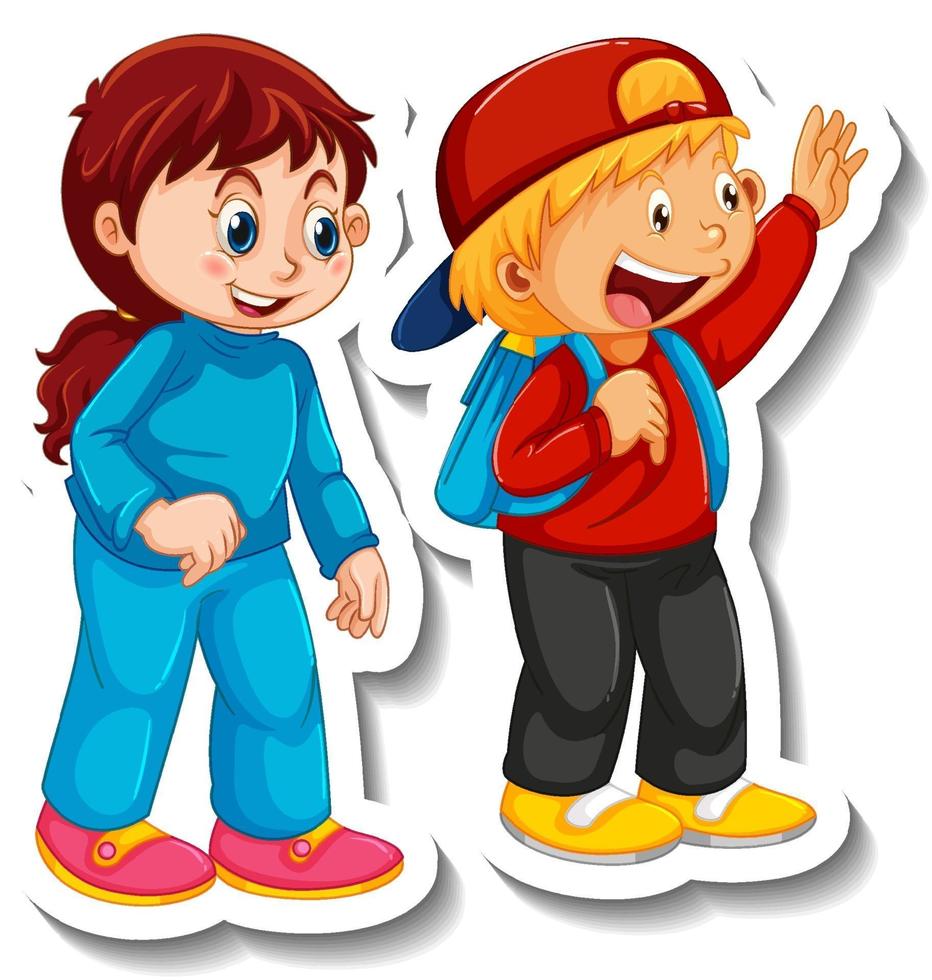 Sticker template with couple of kids students cartoon character vector