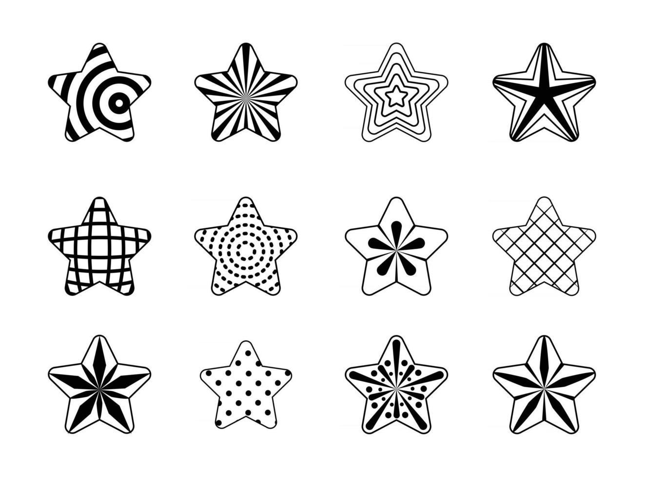 conjunto de estrellas vectoriales, colección de estrellas negras, estrellas en arte lineal vector