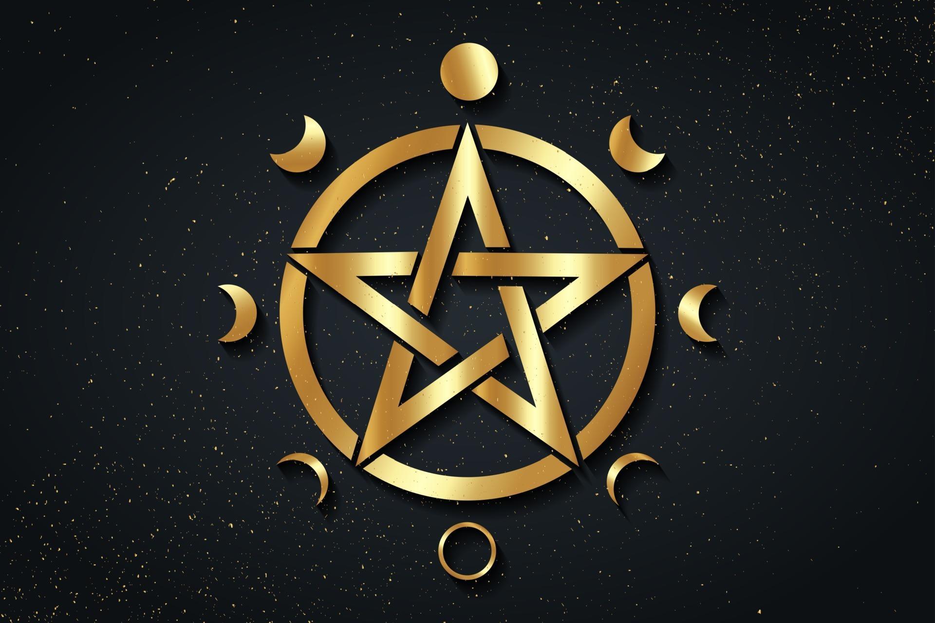 Gold Pentacle circle symbol and Phases of the moon. Wiccan symbol