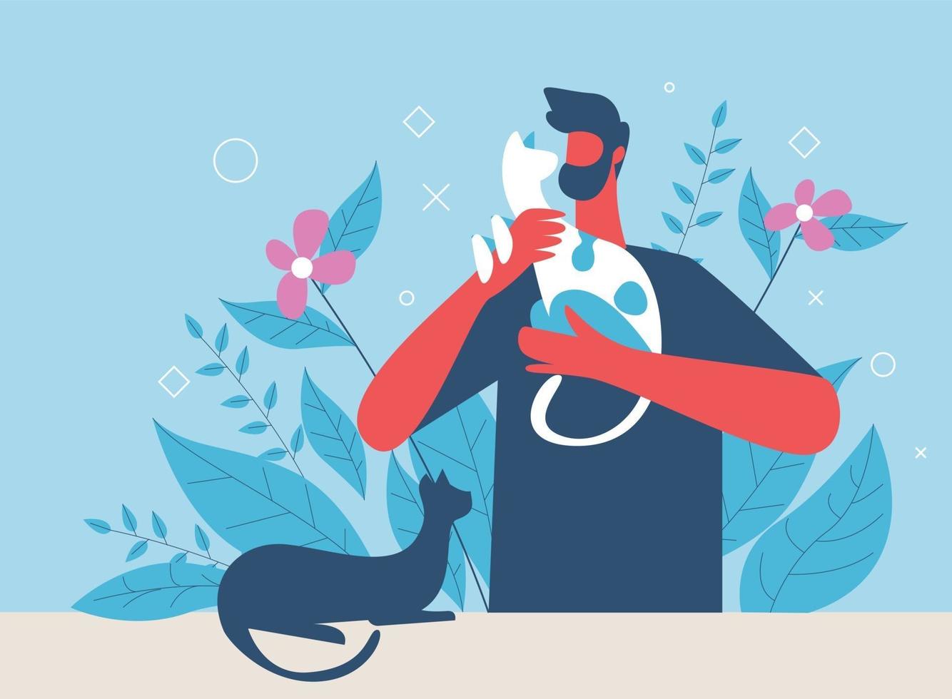 Pet lover vector illustration concept, a man taking care pets in home