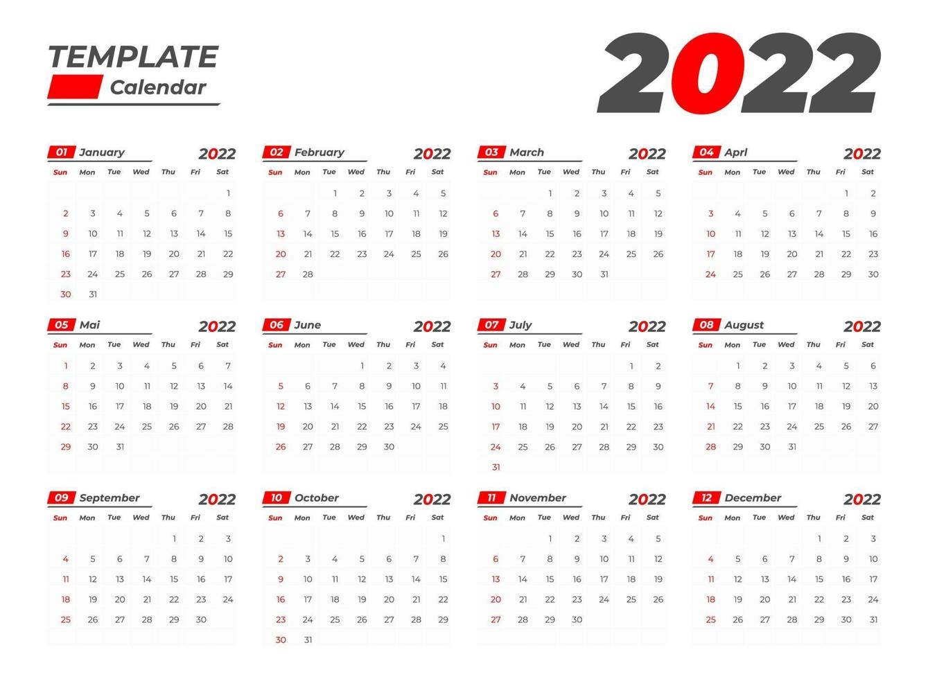 2022 basic calendar template vector