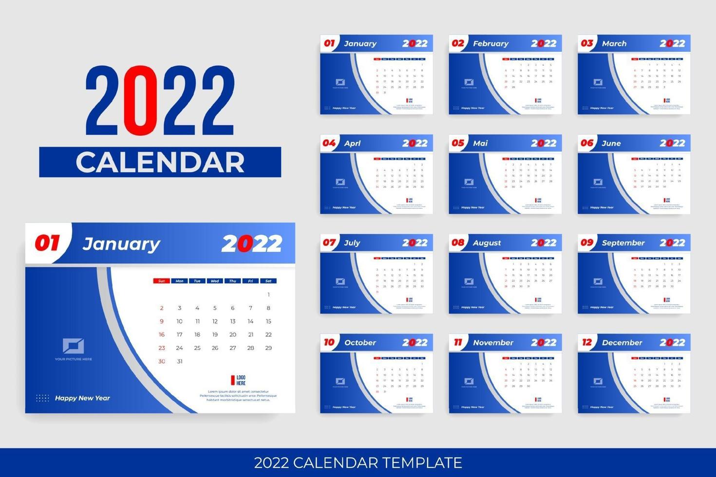 encabezado azul calendario 2022 vector