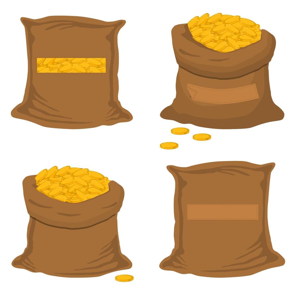 big colored set different types bags, full sack of coins vector