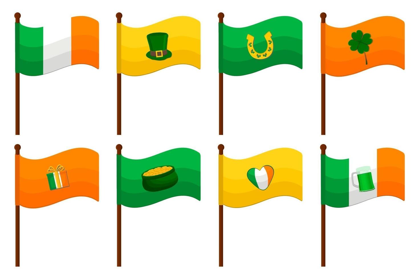 día festivo irlandés, día de san patricio, gran conjunto de banderas en el palillo vector