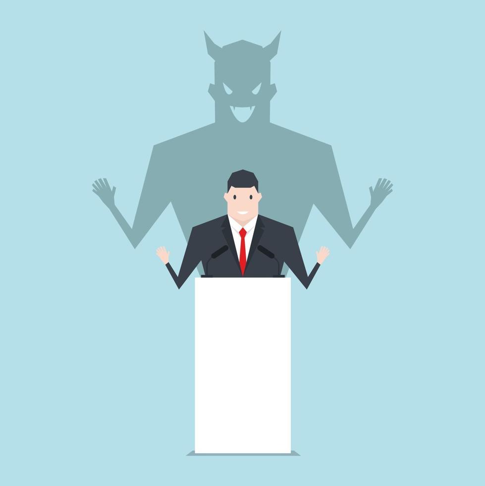 Businessman talking on podium with shadow of devil. vector