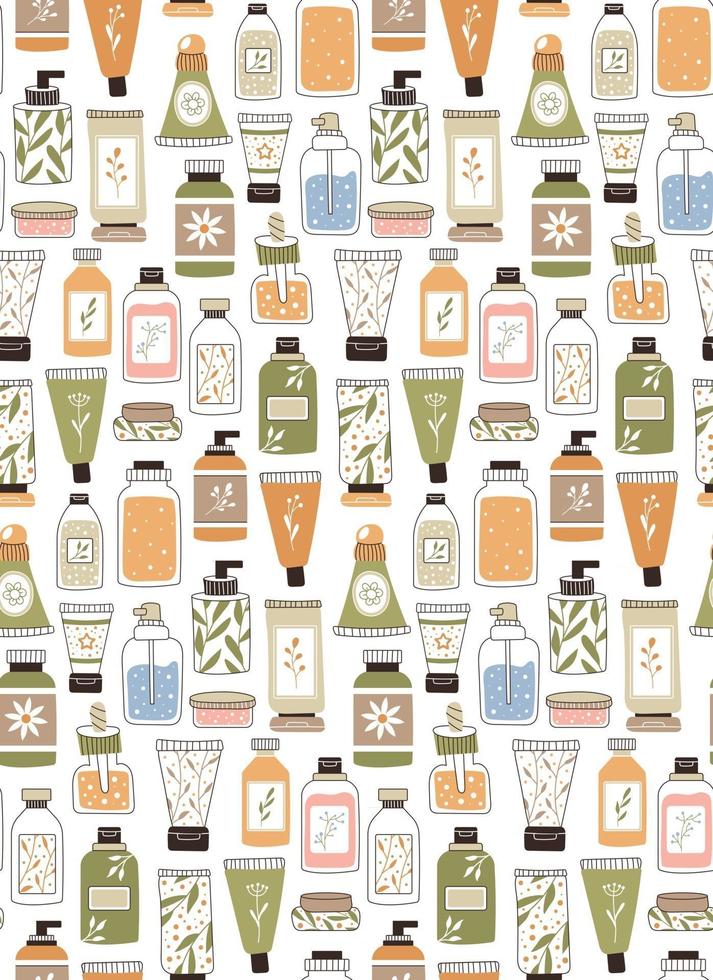 Seamless repeating pattern with cosmetics. A set of bottles and tubes vector