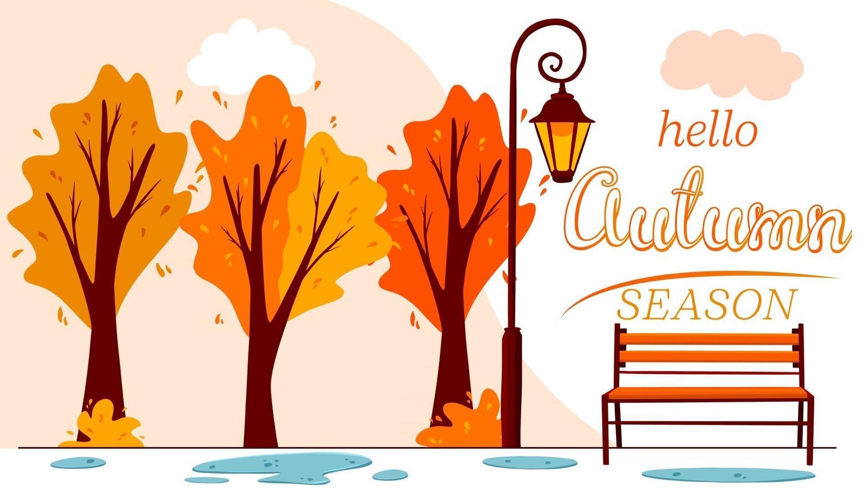 Hello autumn banner.  City Park. Puddles after the rain, fanar bench. vector
