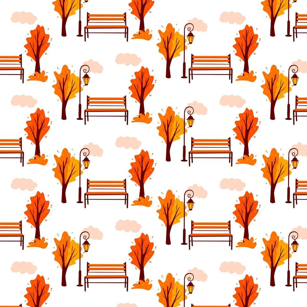 Autumn pattern. Background. City Park. Park bench, lantern. vector