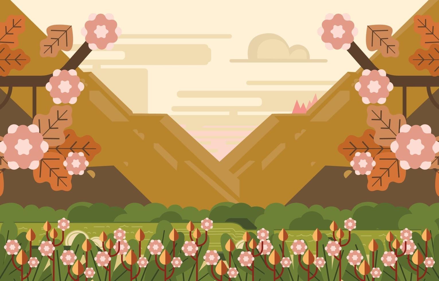 Autumn Flowers By The River With Mountain View Background vector