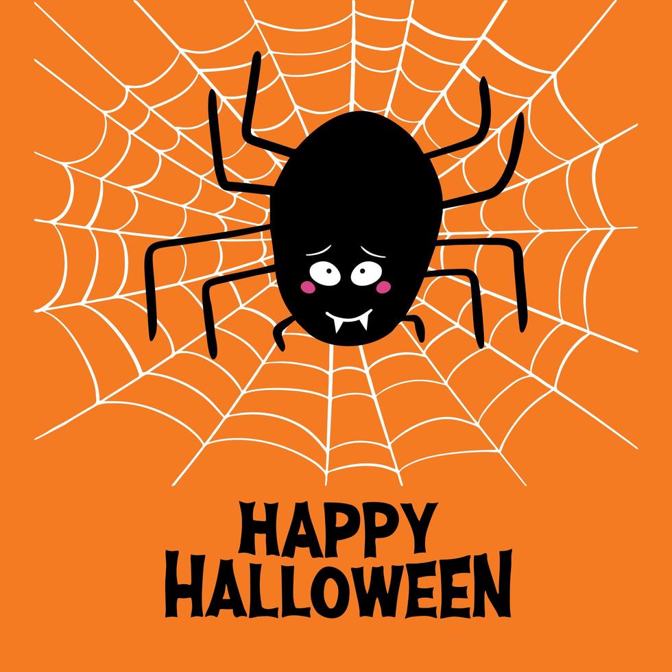 Cartoon spider on cobweb and happy halloween on orange background vector