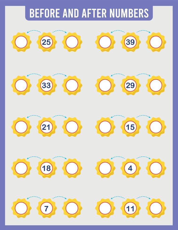 antes y después de. matemáticas. hojas de trabajo para niños. vector