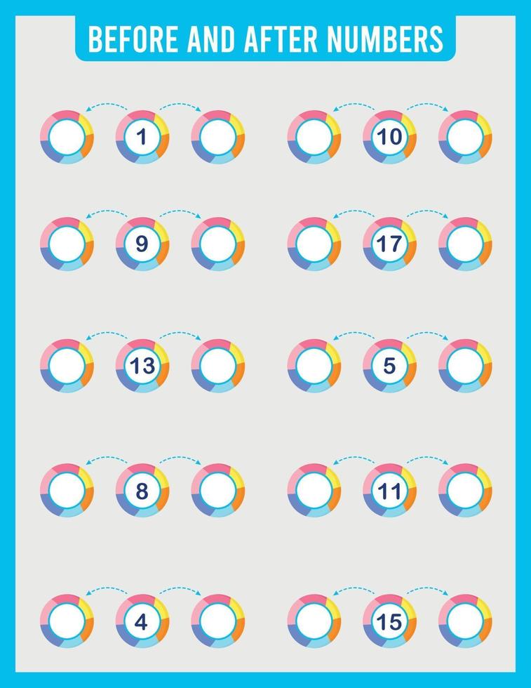 Before and after. Mathematics. Worksheets for children. vector
