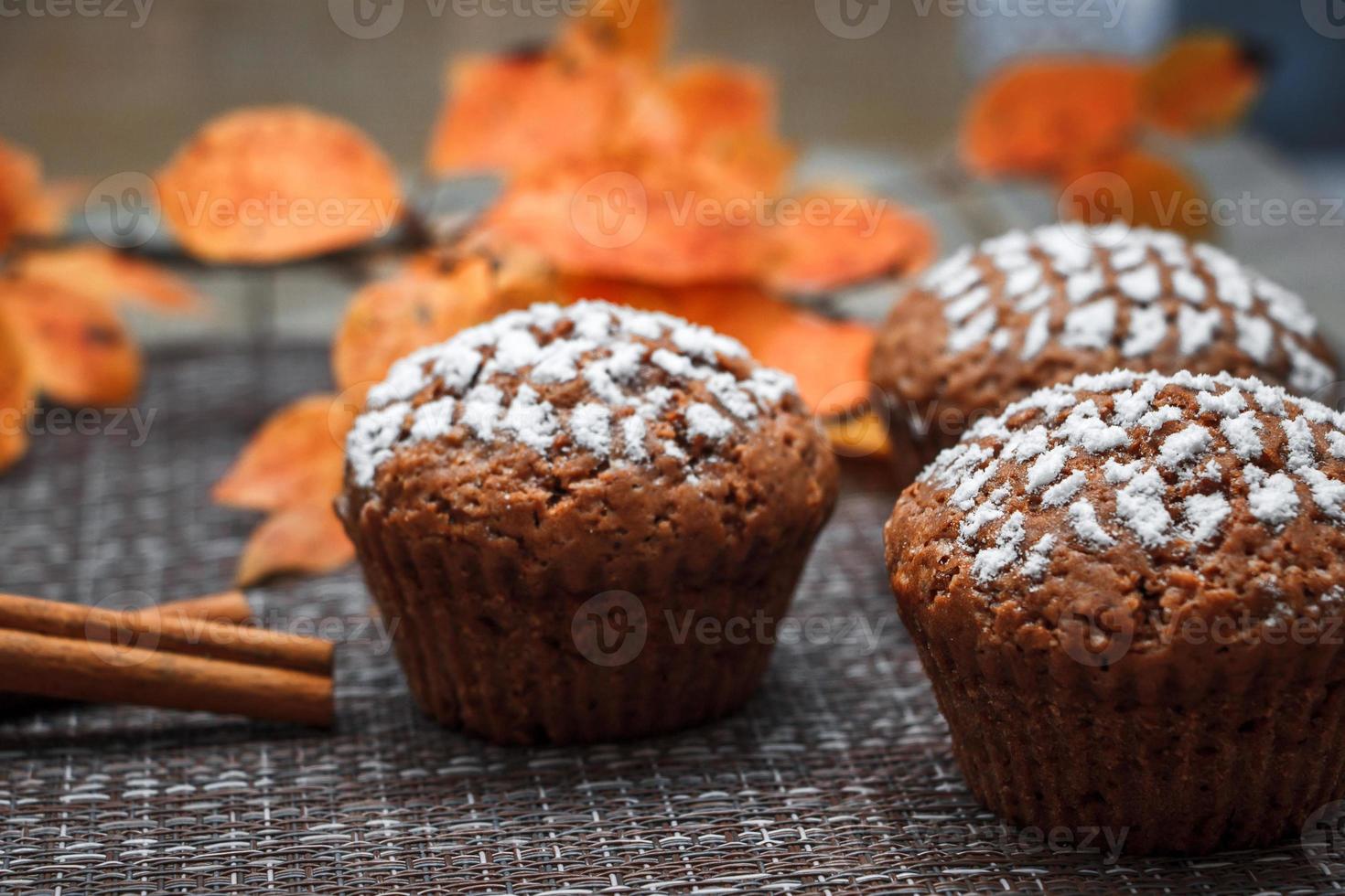 Chocolate muffins with apple filling on a background of autumn leaves photo