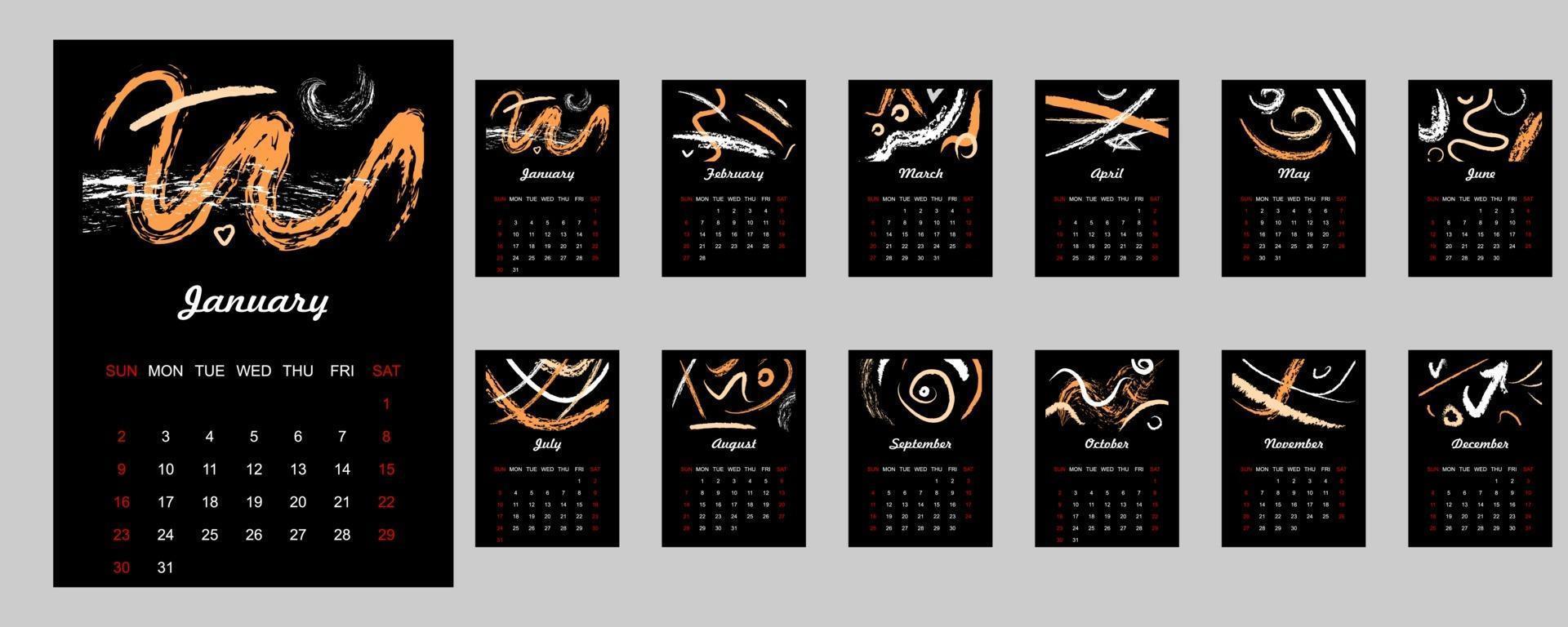 2022 abstract black calendar template vector