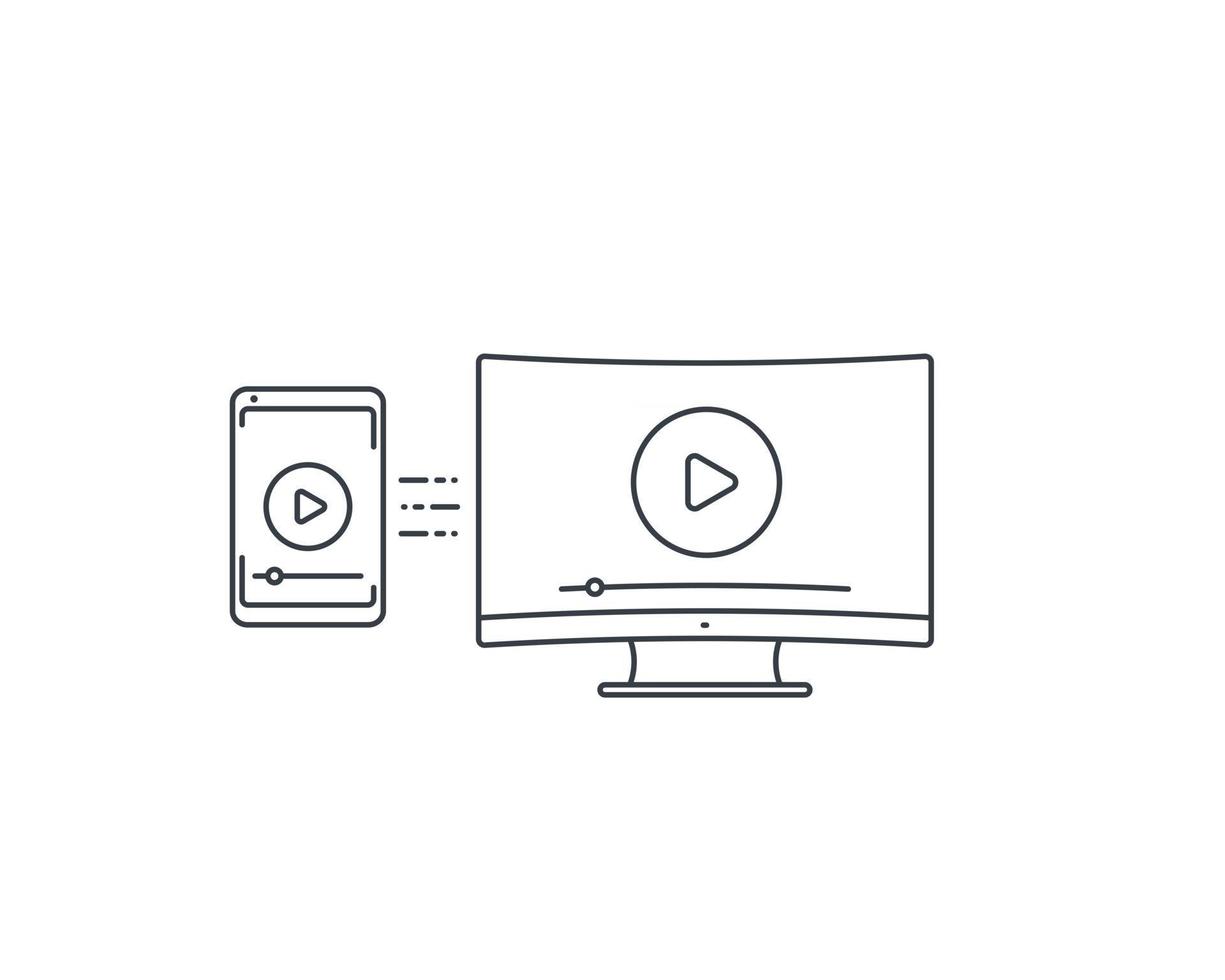 play video, screen mirroring with TV and smartphone vector line icon