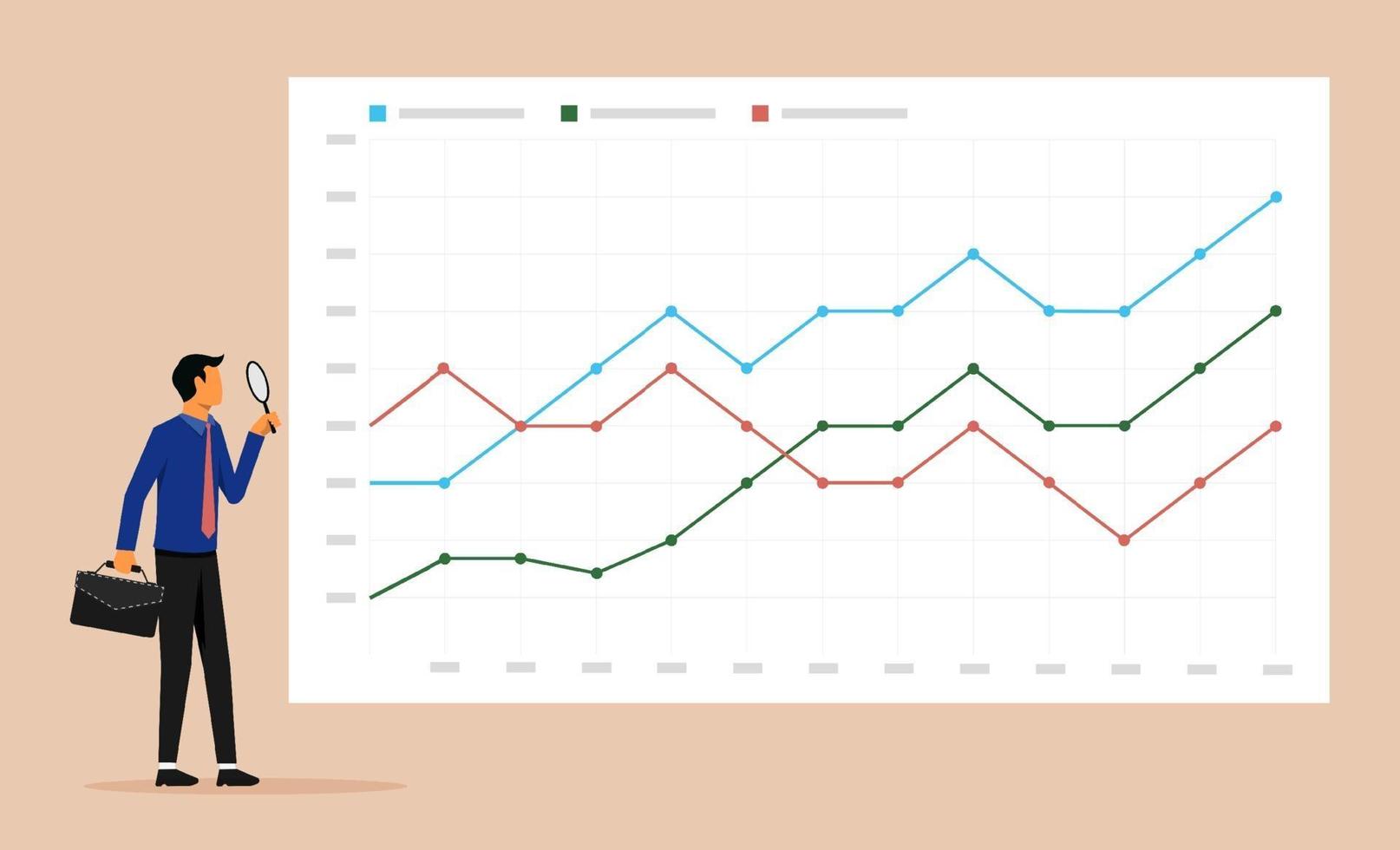 Businessman analyzing growth chart symbol with magnifying glass. vector