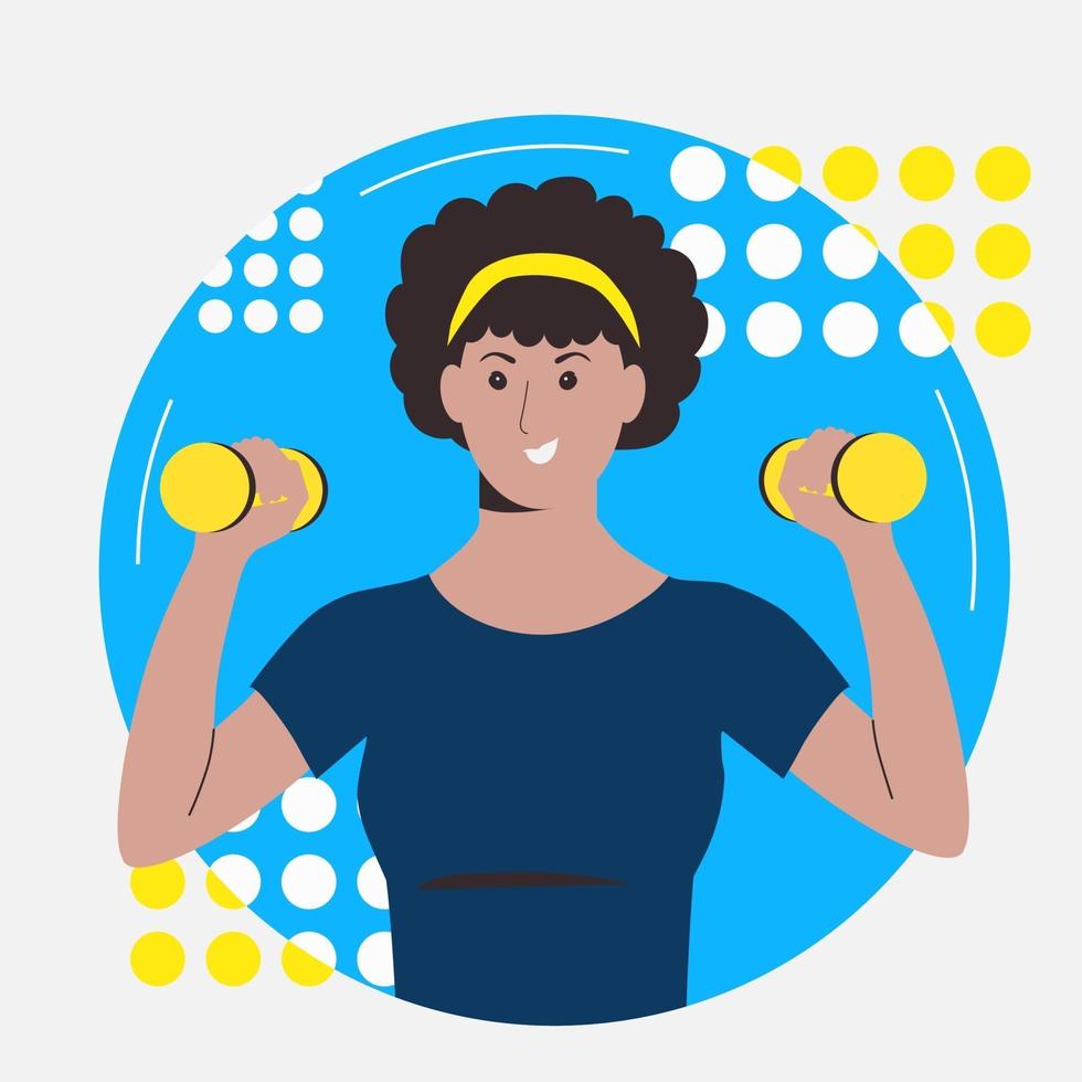 The dark-skinned girl goes in for sports with dumbbells. vector