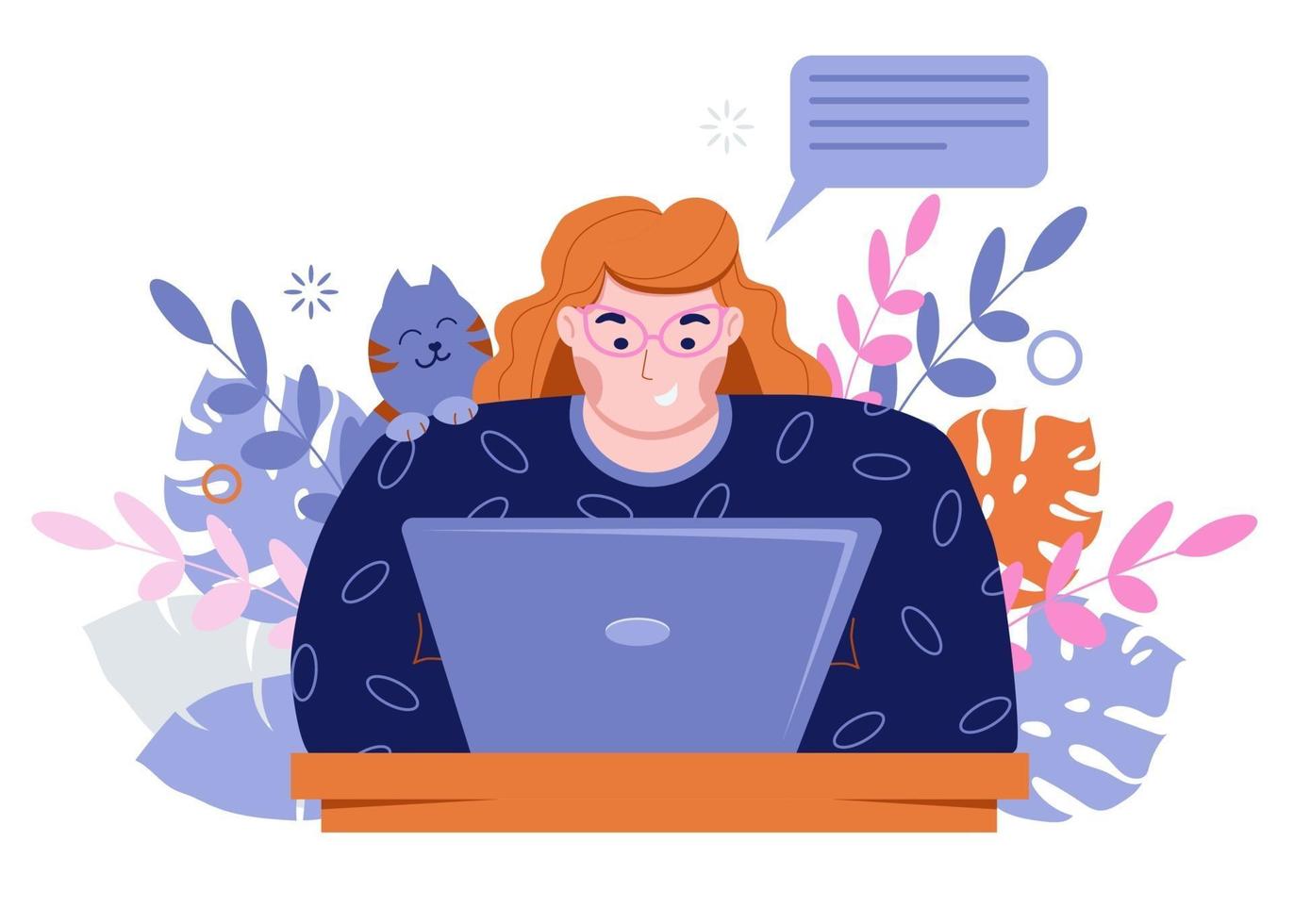 Girl freelancer works at a laptop. Work at home with pets. vector