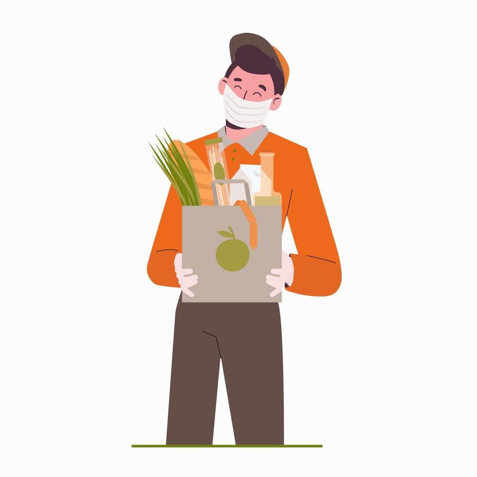 Food delivery to your home. Mail worker in mask and gloves. vector