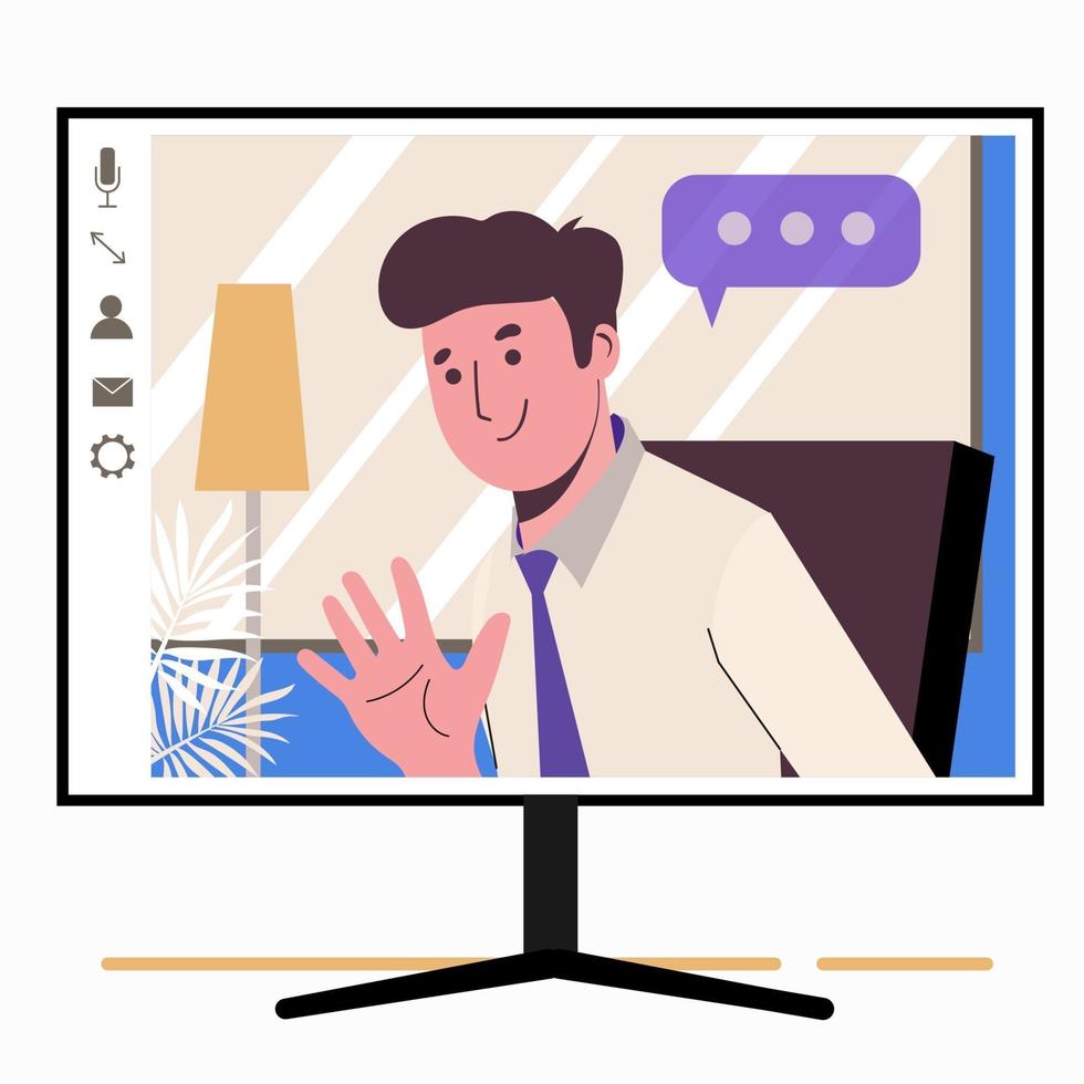 hablando por Internet. hombre en la pantalla del monitor. trabajar en casa, vector