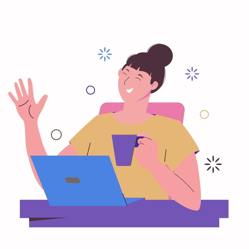 Girl freelancer works at a laptop and drinks from a mug. vector