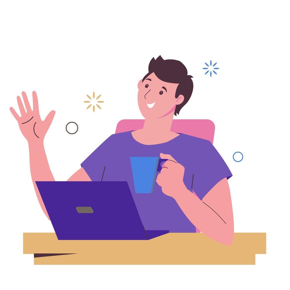 A man with a cup works at a laptop. Computer work, freelance. vector