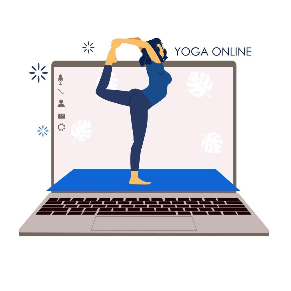 yoga en línea. entrenador de chica tiene una lección en línea. pantalla de portátil. vector