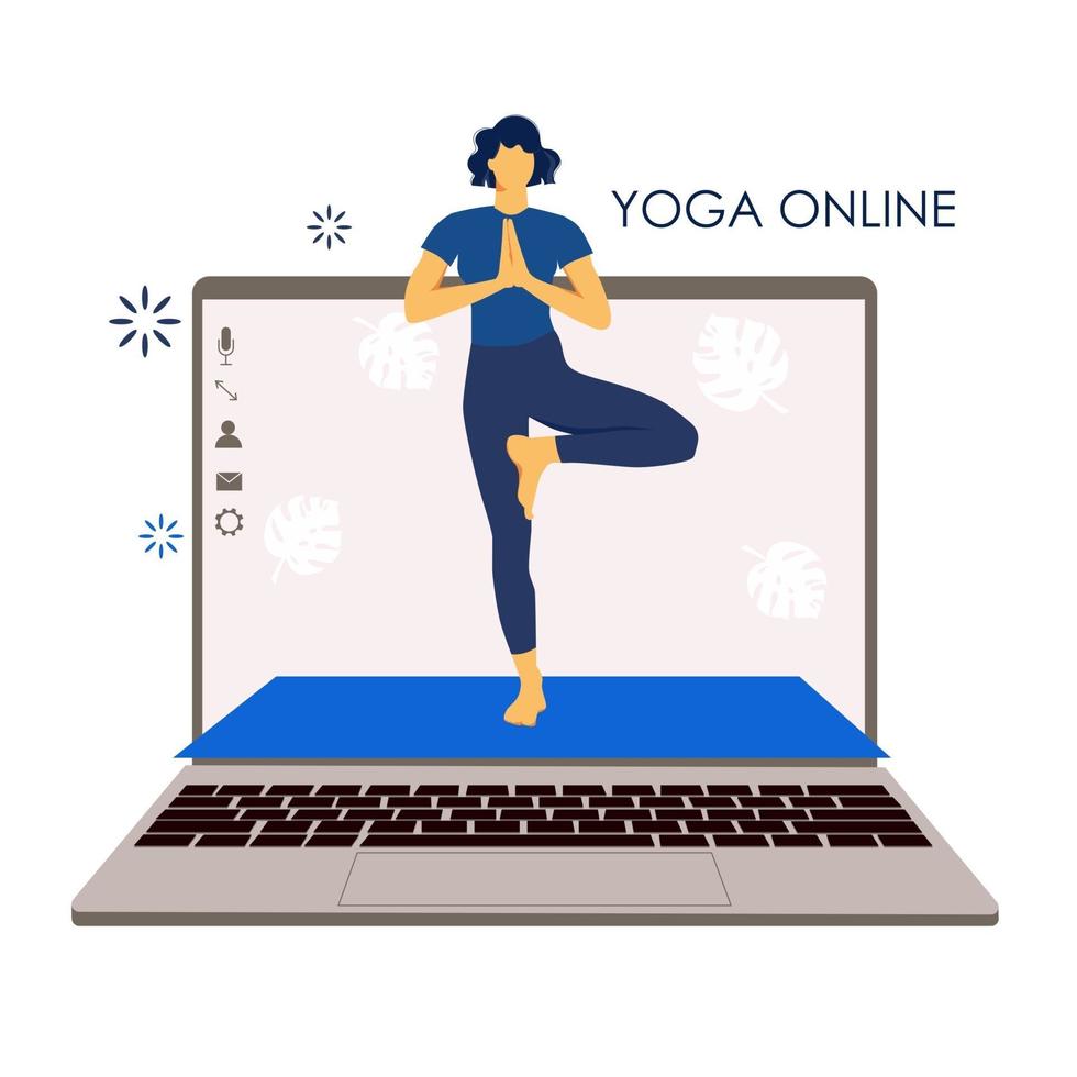 Yoga online. Girl coach holds a lesson online. Laptop screen. Sports vector