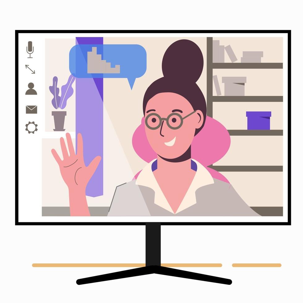 Chatting online. Girl on the monitor screen. Work at home, freelance, vector