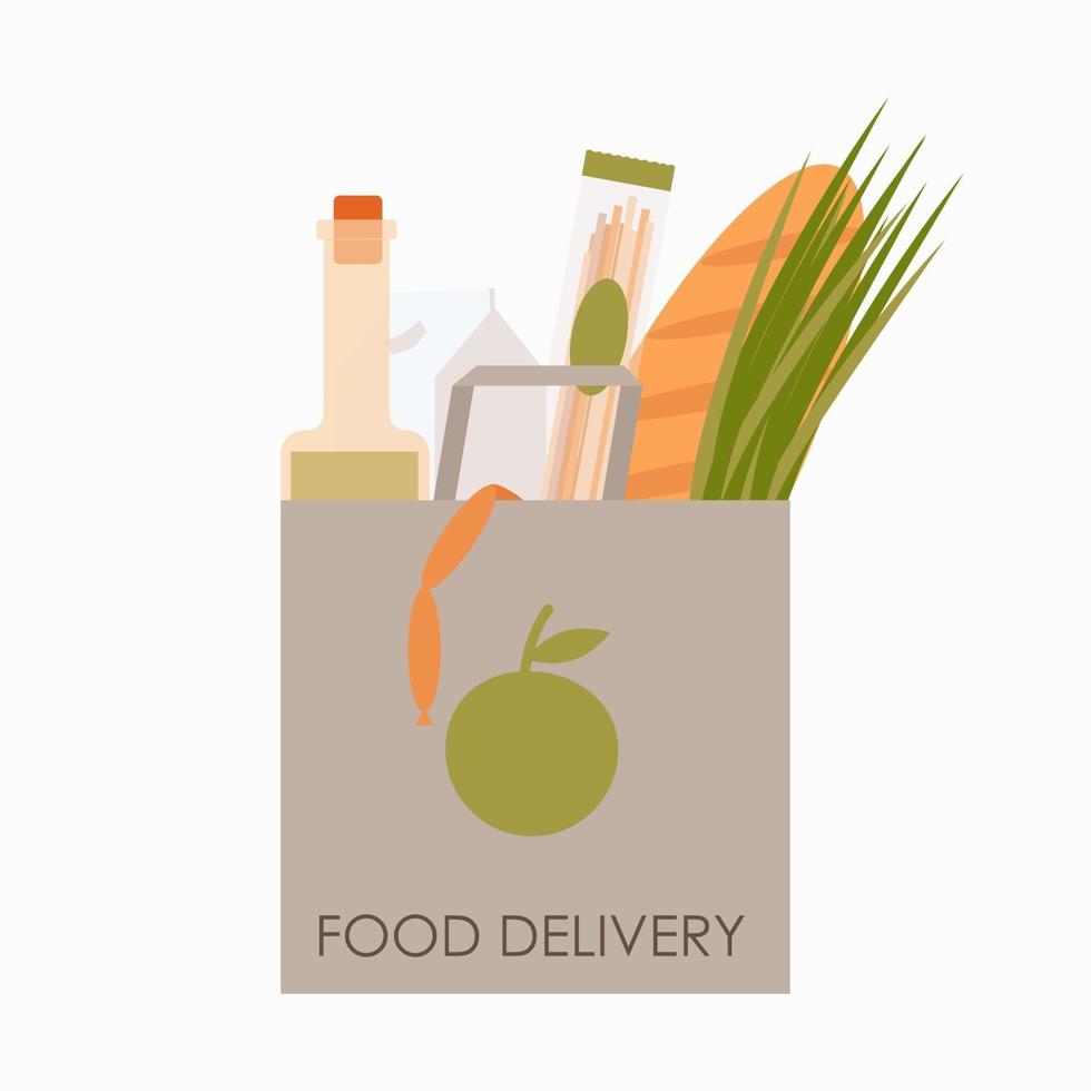 Paper bag with groceries. Home delivery food. Order products online vector