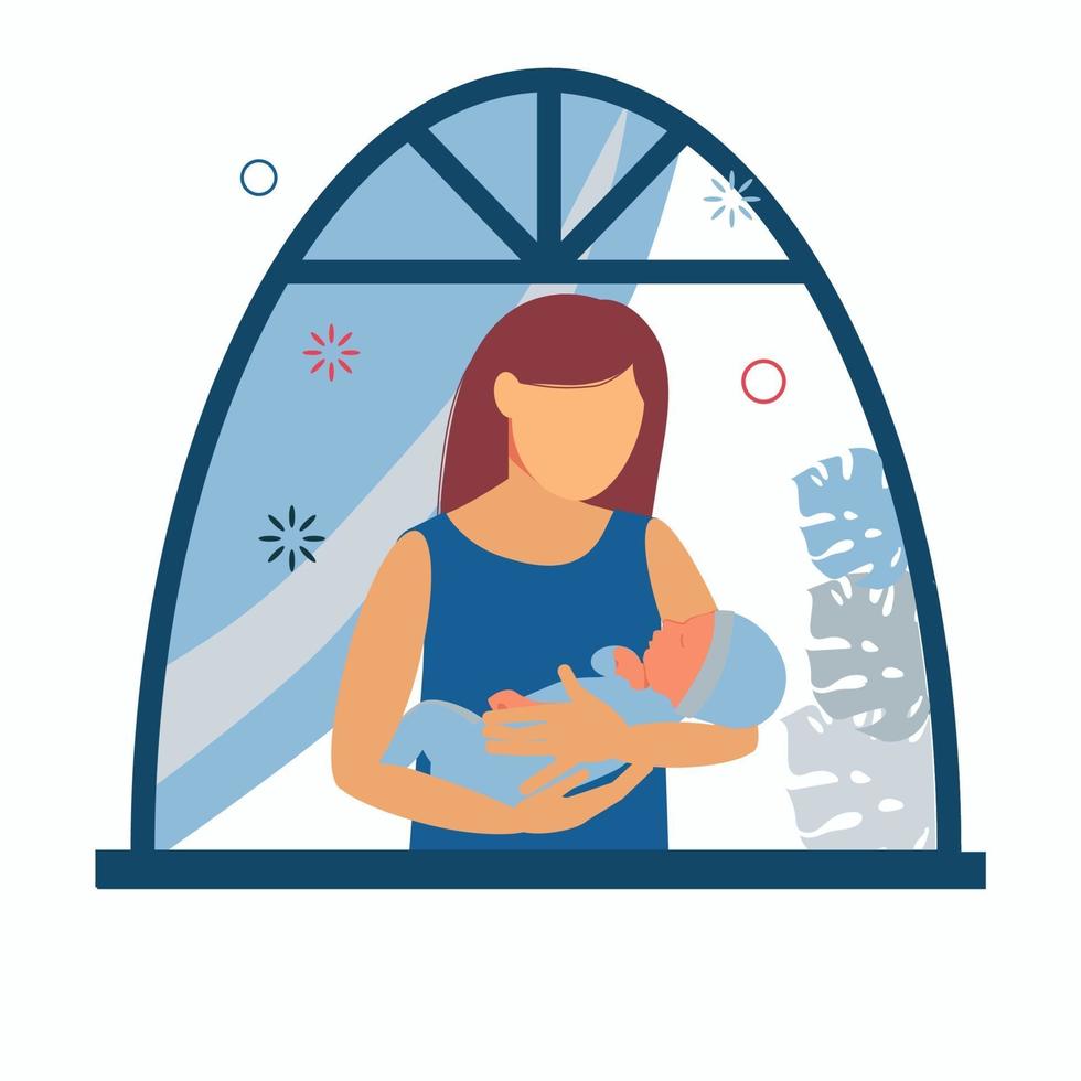 Motherhood. Woman with a baby in her arms near window. Breastfeeding vector