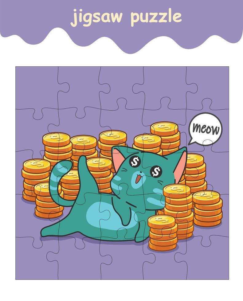 jigsaw puzzle game of cat with coins vector