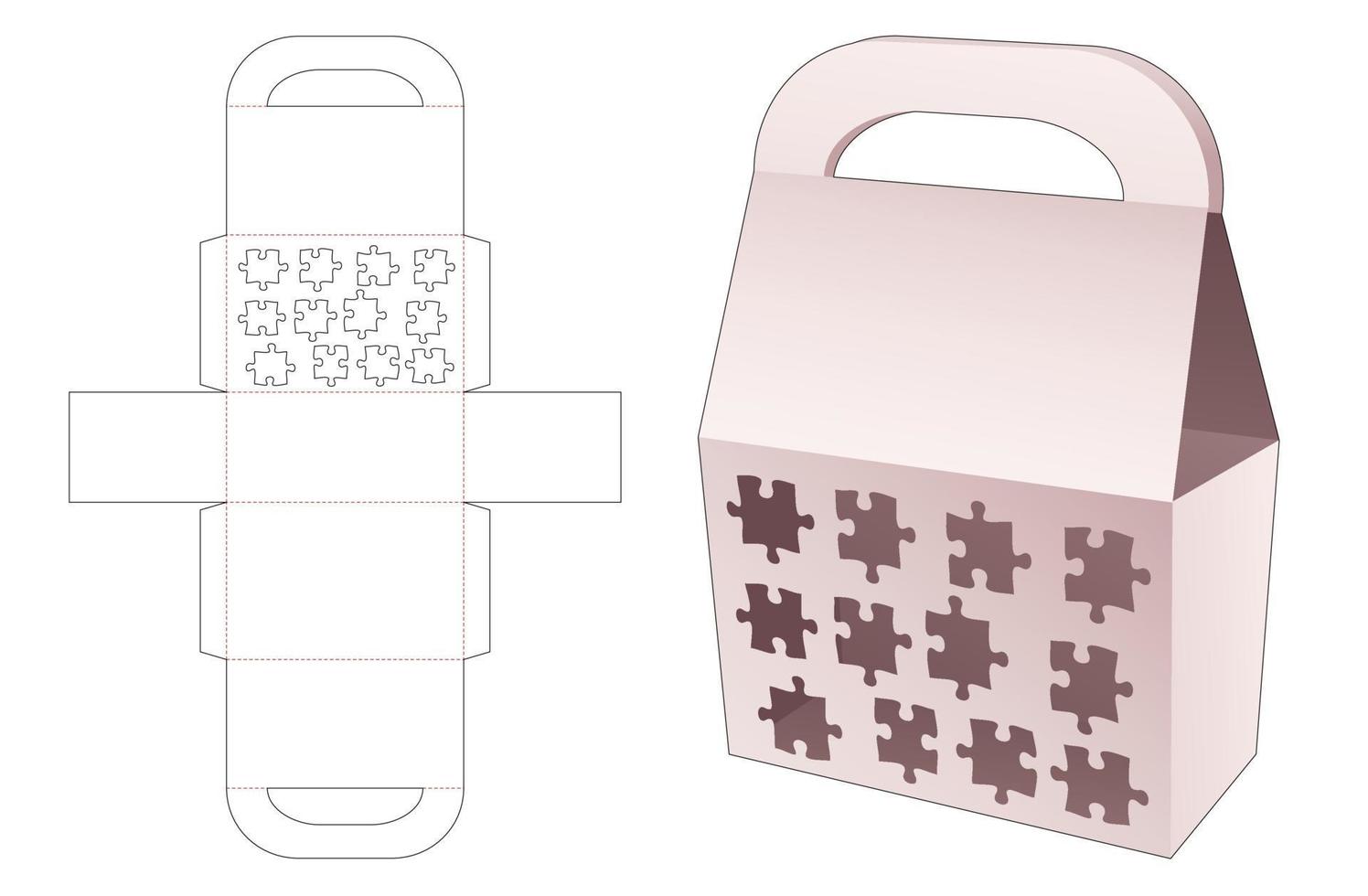 Handle bag box with stenciled 12 jigsaw pieces die cut template vector