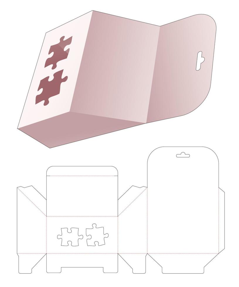Hanging chamfered packaging with stenciled 2 jigsaw pieces shaped die cut template vector
