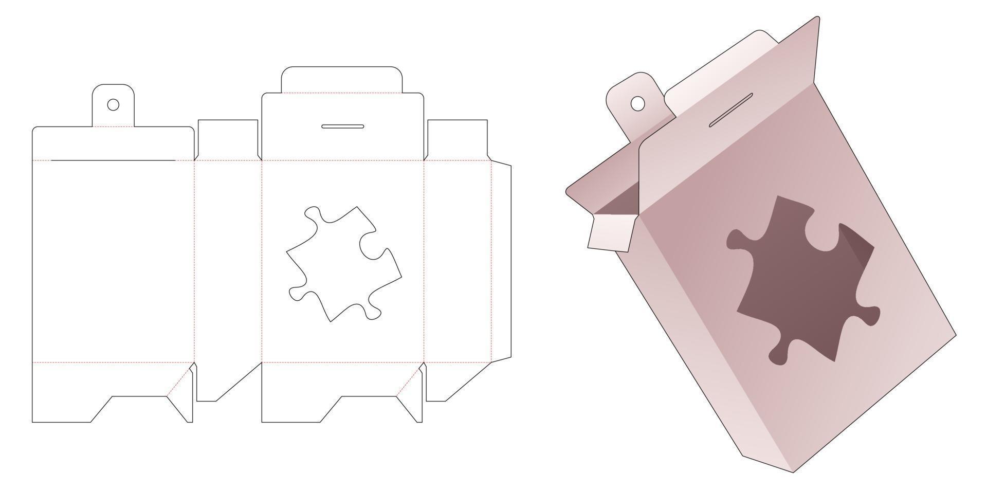 Embalaje colgante de cartón con plantilla troquelada de ventana en forma de rompecabezas vector