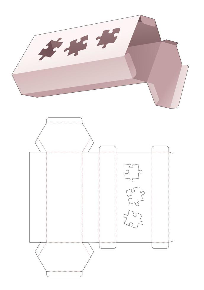 caja hexagonal alta de cartón con plantilla troquelada de rompecabezas vector